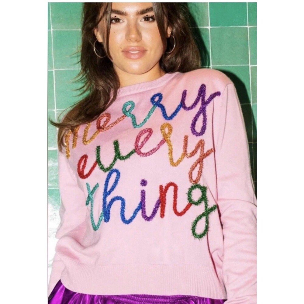 Queen Of Sparkles Style Merry Everything Glitter Script Christmas Sweater L Pink